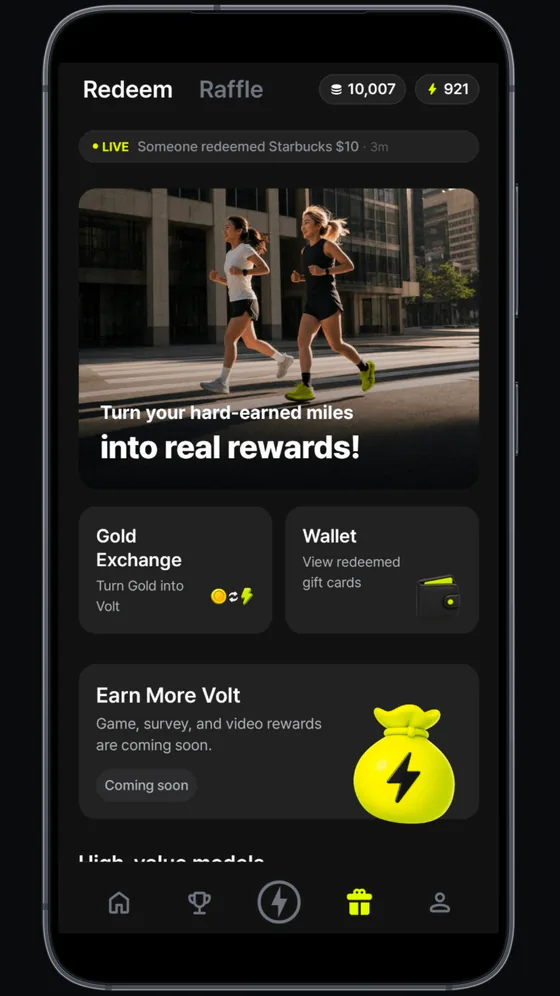 Paceful app screen showing the rewards area with redeem and raffle tabs.