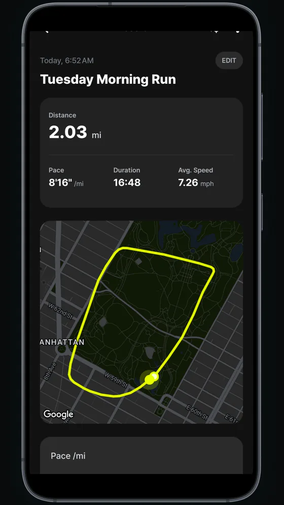 Paceful app screen showing a Tuesday morning run with distance, pace, duration, and a route map.