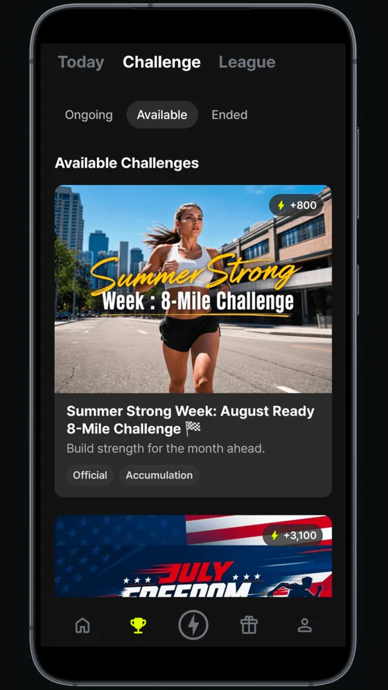Paceful app screen showing available running challenges.