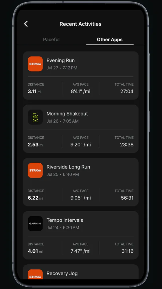 Paceful app screen showing recent activities from other running apps.