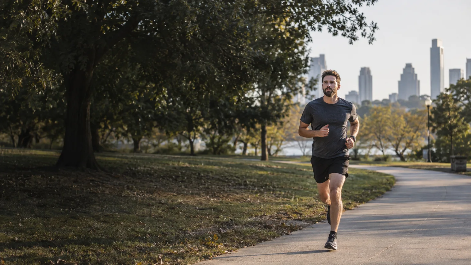 A runner following a park path toward the camera