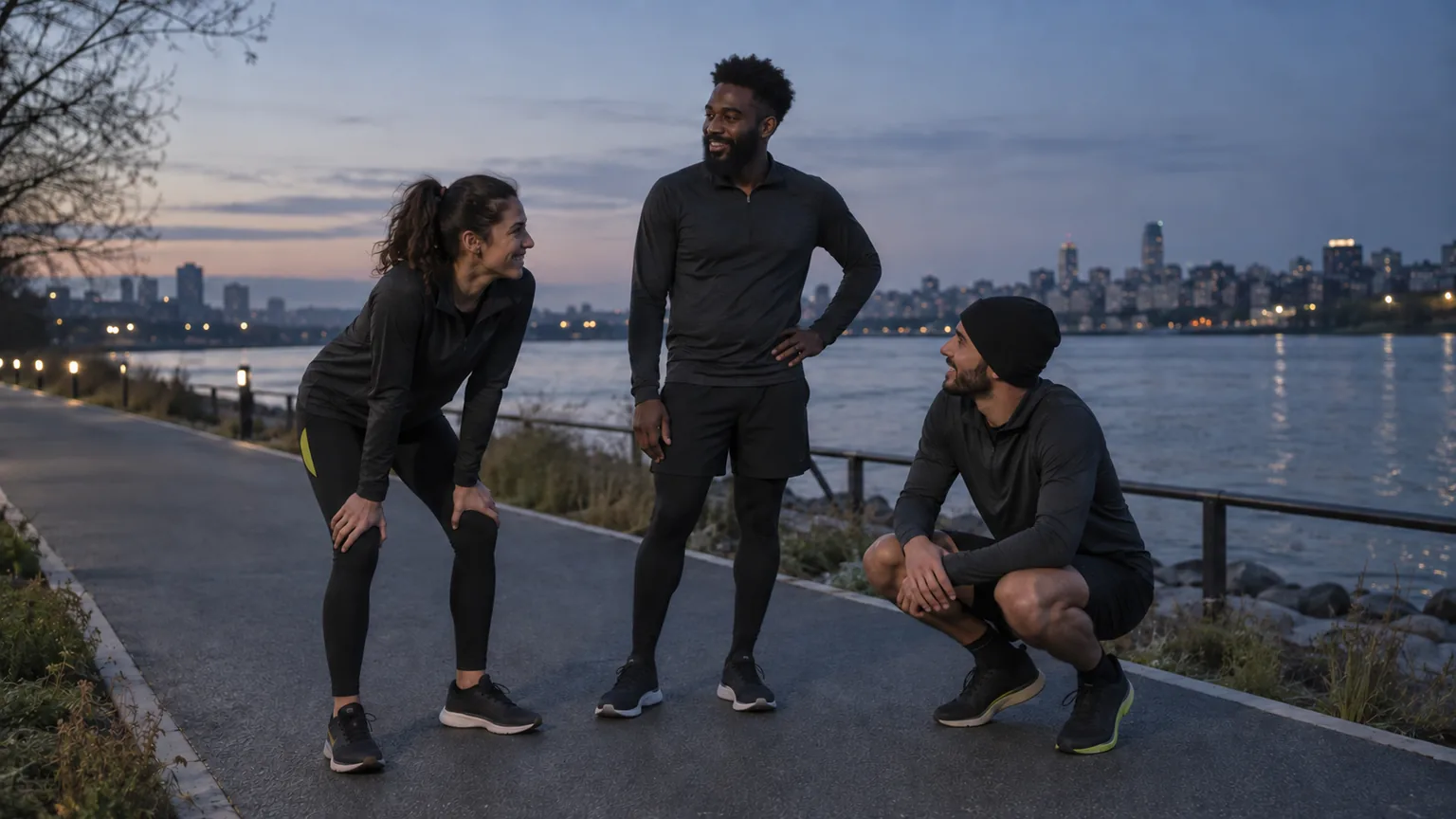 Three runners taking a break beside a river at dusk.